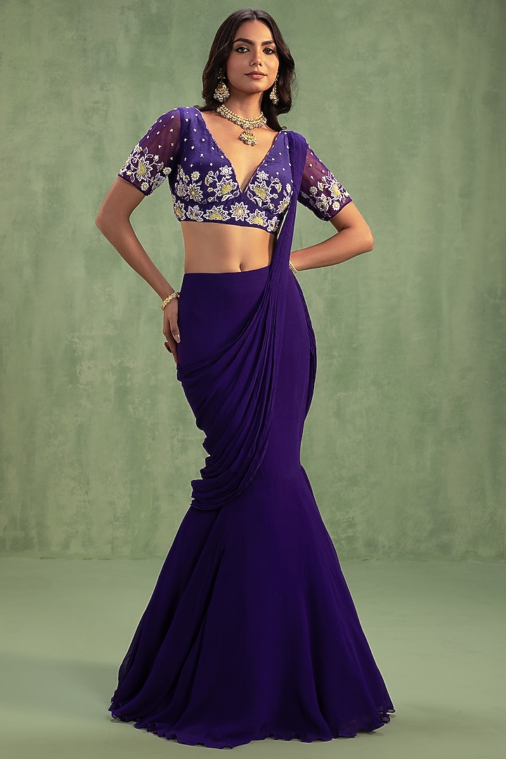 Purple Georgette Sequins Embroidered Pre-Draped Party Wear Saree Set by Keosha at Pernia's Pop Up Shop