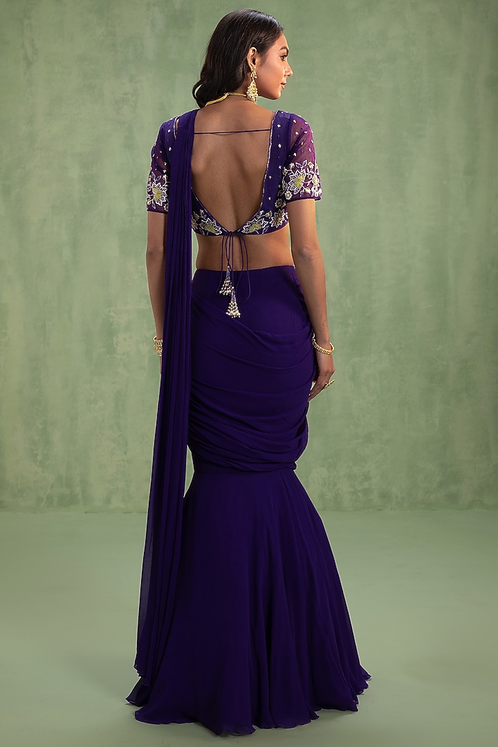Purple Georgette Sequins Embroidered Pre-Draped Party Wear Saree Set by Keosha at Pernia's Pop Up Shop