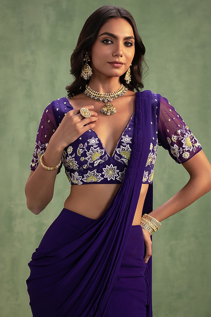 Purple Georgette Sequins Embroidered Pre-Draped Party Wear Saree Set by Keosha at Pernia's Pop Up Shop