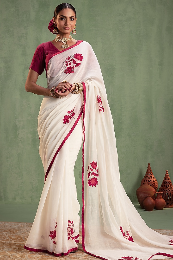 White Chanderi Silk Patchwork Hand Embroidered Party Wear Saree Set by Keosha at Pernia's Pop Up Shop