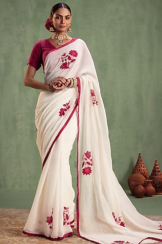 White Chanderi Silk Patchwork Hand Embroidered Saree Set by Keosha