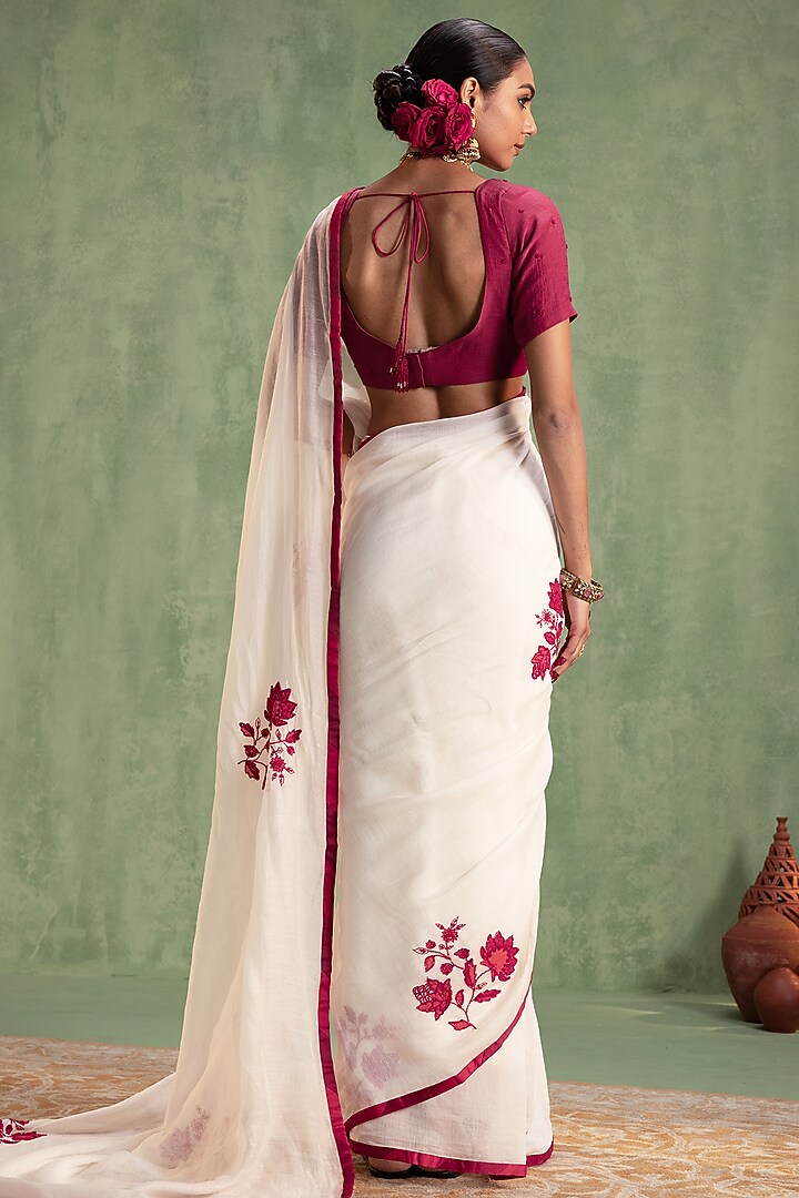White Chanderi Silk Patchwork Hand Embroidered Party Wear Saree Set by Keosha at Pernia's Pop Up Shop