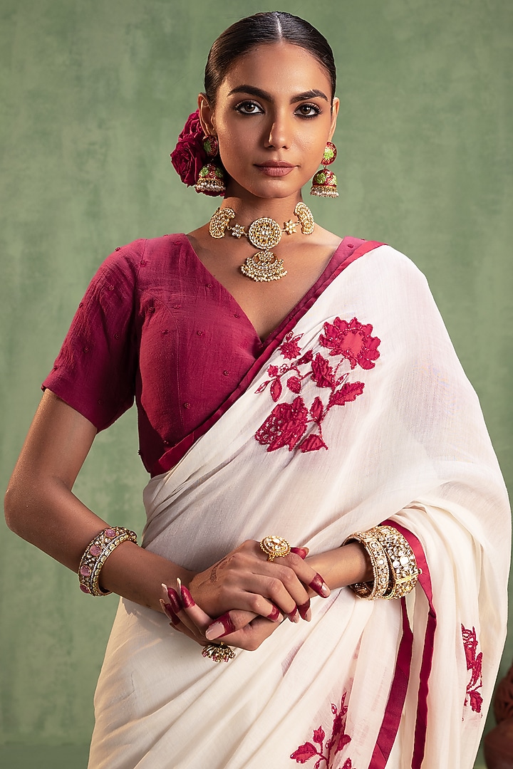 White Chanderi Silk Patchwork Hand Embroidered Party Wear Saree Set by Keosha at Pernia's Pop Up Shop