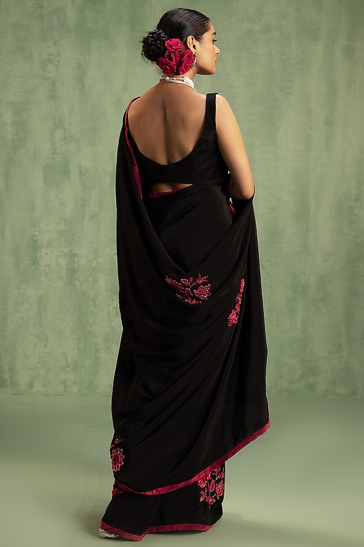 Black Crepe Patchwork Embroidered Party Wear Saree Set by Keosha at Pernia's Pop Up Shop