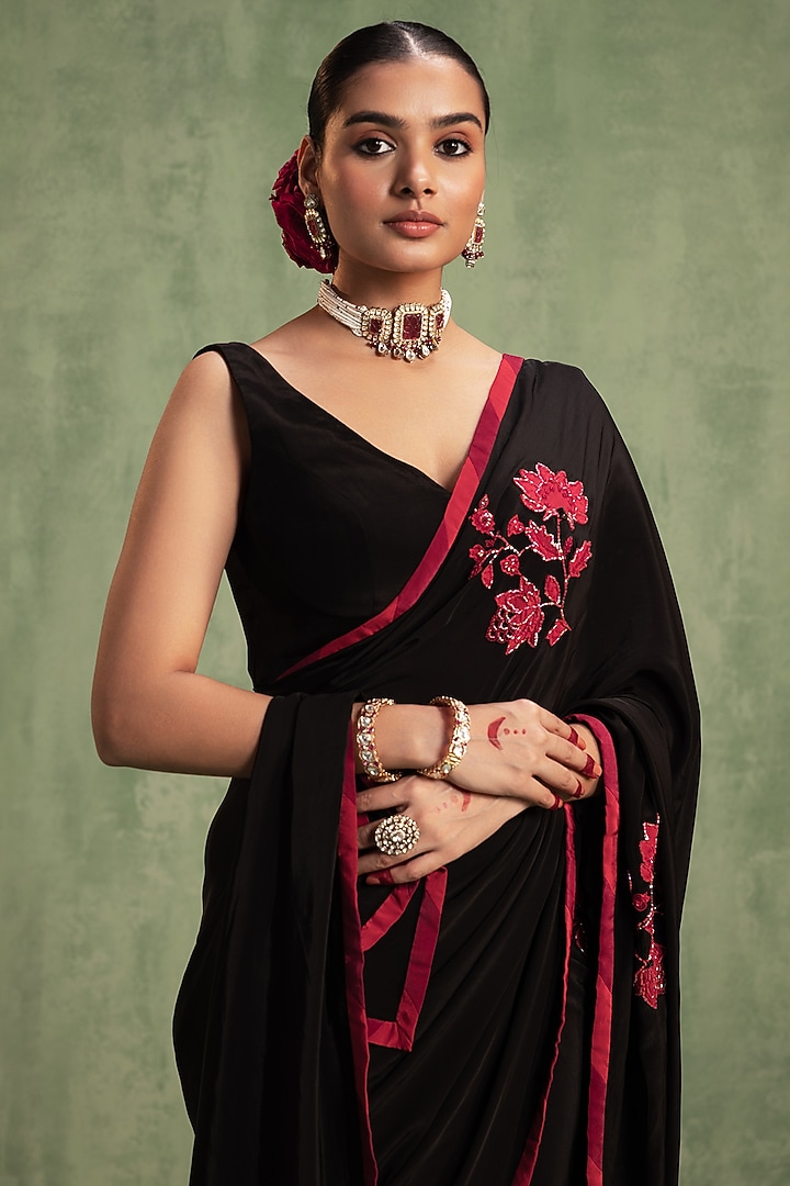Black Crepe Patchwork Embroidered Party Wear Saree Set by Keosha at Pernia's Pop Up Shop