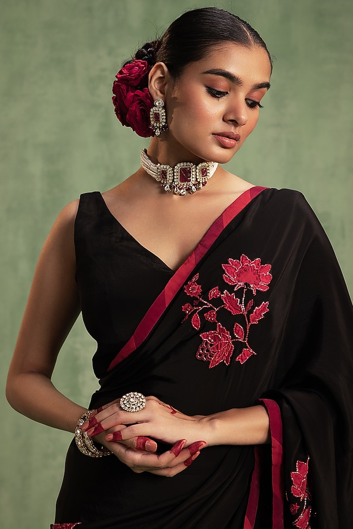 Black Crepe Patchwork Embroidered Party Wear Saree Set by Keosha at Pernia's Pop Up Shop