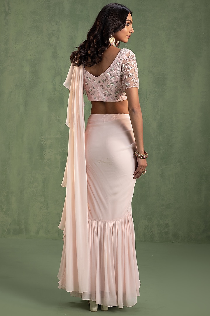 Pink Georgette Zari Hand Embellished Pre-Stitched Party Wear Saree Set by Keosha at Pernia's Pop Up Shop