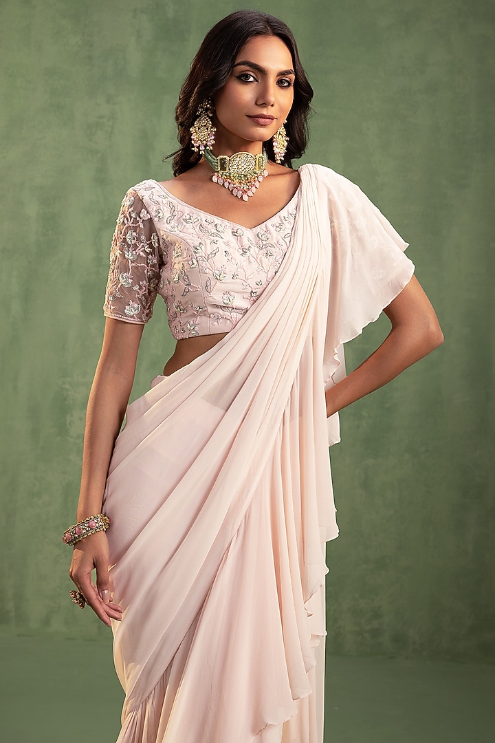 Pink Georgette Zari Hand Embellished Pre-Stitched Party Wear Saree Set by Keosha at Pernia's Pop Up Shop