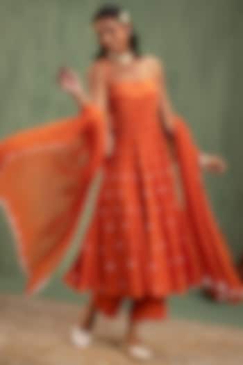 Bright Orange Crepe Pearl Hand Embellished Party Wear Anarkali Set by Keosha at Pernia's Pop Up Shop