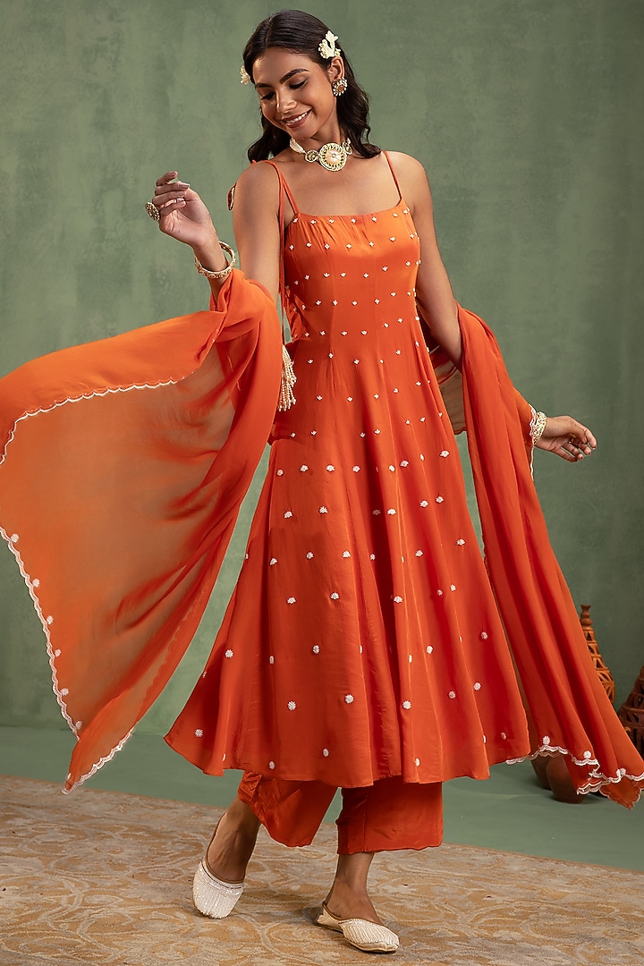 Bright Orange Crepe Pearl Hand Embellished Party Wear Anarkali Set by Keosha at Pernia's Pop Up Shop