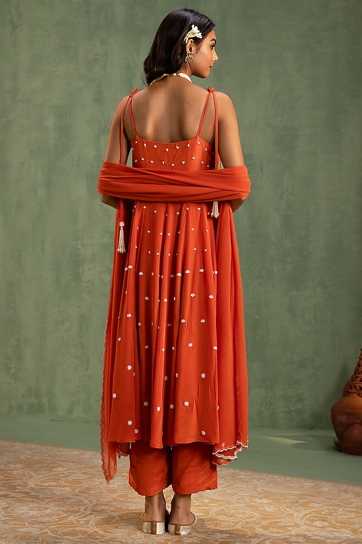 Bright Orange Crepe Pearl Hand Embellished Party Wear Anarkali Set by Keosha at Pernia's Pop Up Shop