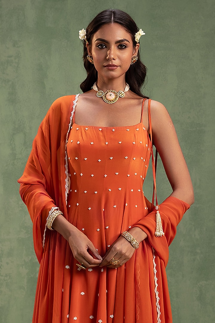 Bright Orange Crepe Pearl Hand Embellished Party Wear Anarkali Set by Keosha at Pernia's Pop Up Shop