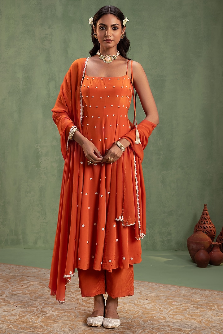 Bright Orange Crepe Pearl Hand Embellished Party Wear Anarkali Set by Keosha at Pernia's Pop Up Shop
