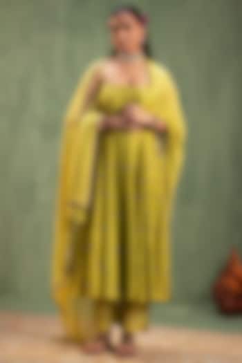 Green Silk Chanderi Hand Embroidered Party Wear Anarkali Set by Keosha at Pernia's Pop Up Shop