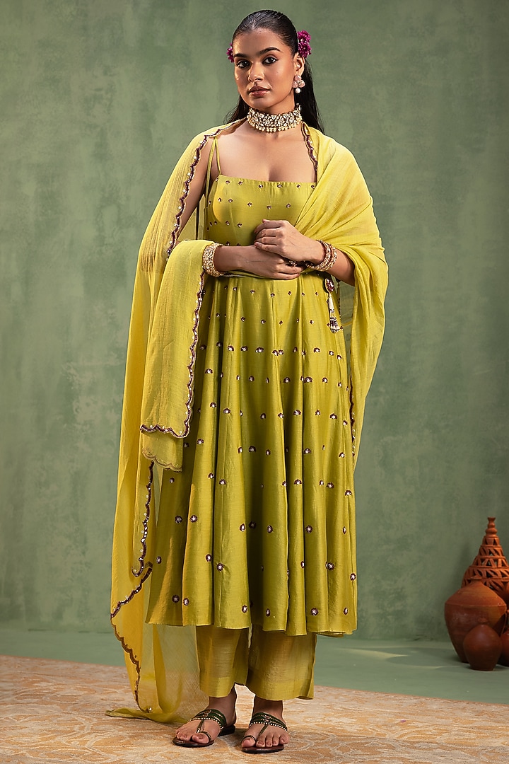 Green Silk Chanderi Hand Embroidered Party Wear Anarkali Set by Keosha at Pernia's Pop Up Shop