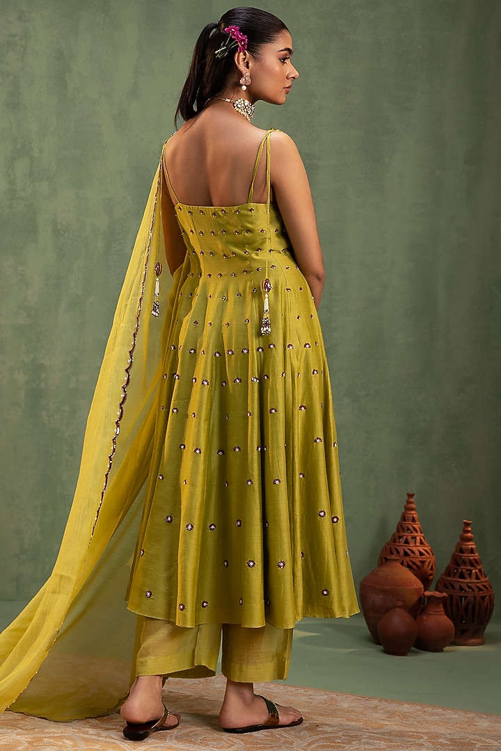 Green Silk Chanderi Hand Embroidered Party Wear Anarkali Set by Keosha at Pernia's Pop Up Shop