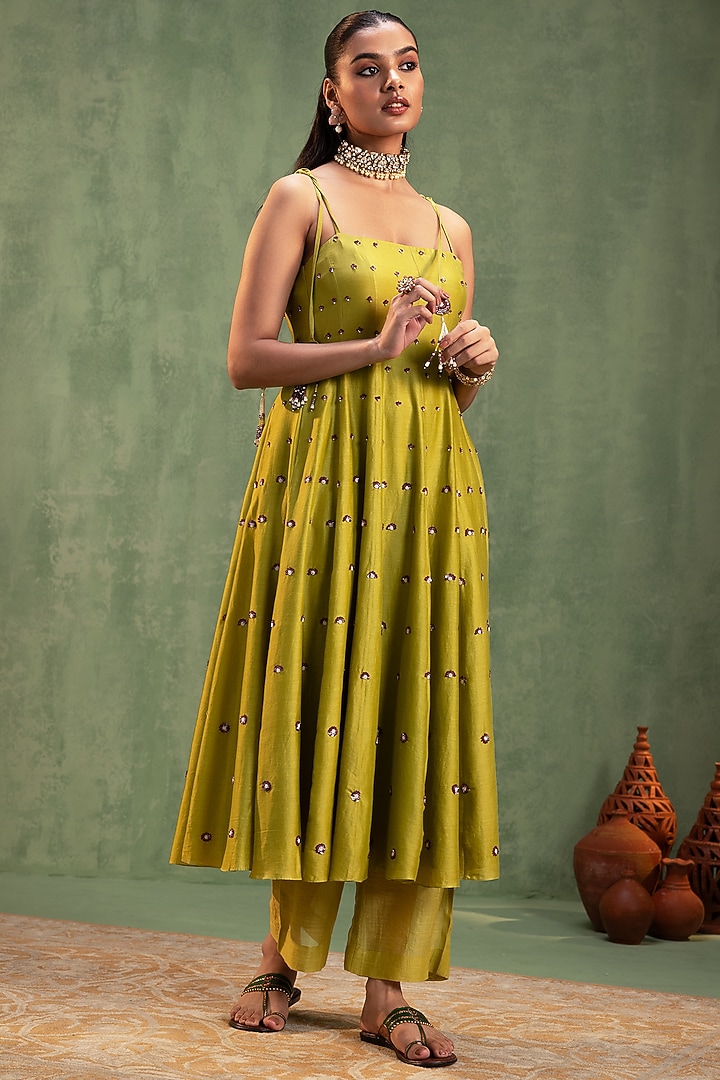 Green Silk Chanderi Hand Embroidered Party Wear Anarkali Set by Keosha at Pernia's Pop Up Shop
