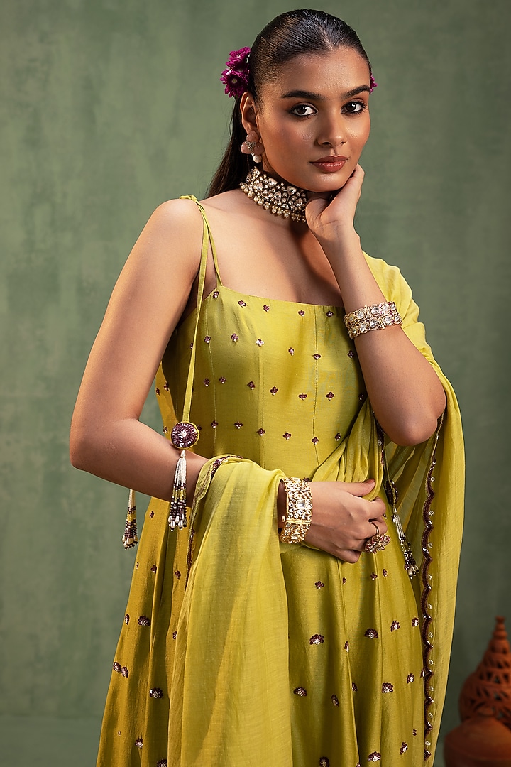 Green Silk Chanderi Hand Embroidered Party Wear Anarkali Set by Keosha at Pernia's Pop Up Shop