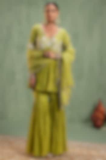 Green Silk Chanderi Resham Embroidered Party Wear Sharara Set by Keosha at Pernia's Pop Up Shop