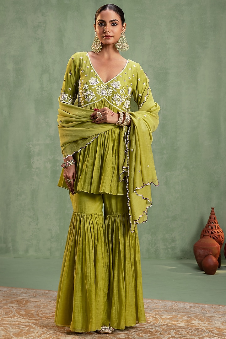 Green Silk Chanderi Resham Embroidered Party Wear Sharara Set by Keosha at Pernia's Pop Up Shop
