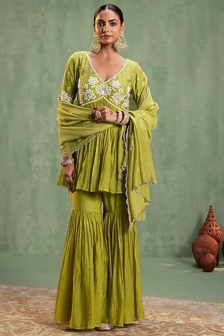 Green Silk Chanderi Resham Embroidered Sharara Set by Keosha