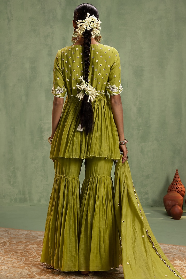 Green Silk Chanderi Resham Embroidered Party Wear Sharara Set by Keosha at Pernia's Pop Up Shop