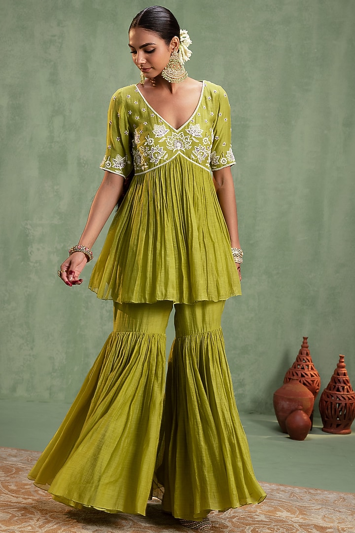 Green Silk Chanderi Resham Embroidered Party Wear Sharara Set by Keosha at Pernia's Pop Up Shop