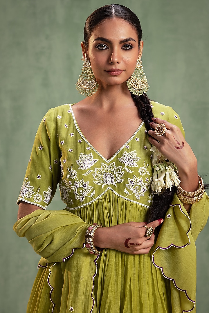 Green Silk Chanderi Resham Embroidered Party Wear Sharara Set by Keosha at Pernia's Pop Up Shop