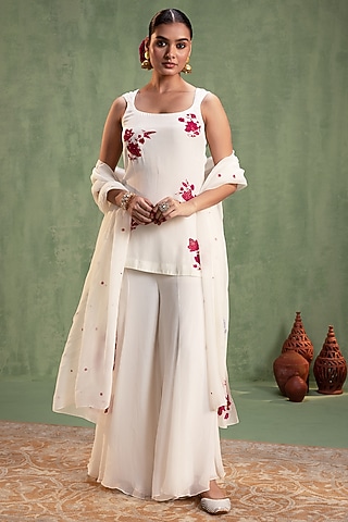Cream Organza Hand Embroidered Sharara Set by Keosha