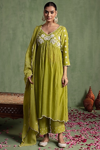 Lime Green Silk Chanderi Thread Hand Embroidered Kurta Set by Keosha