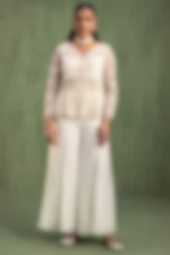 Cream Organza Hand Embroidered Party Wear Sharara Set by Keosha at Pernia's Pop Up Shop