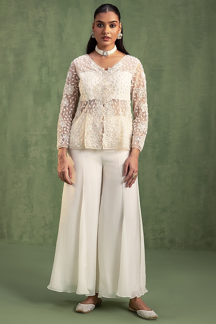 Cream Organza Hand Embroidered Party Wear Sharara Set by Keosha at Pernia's Pop Up Shop