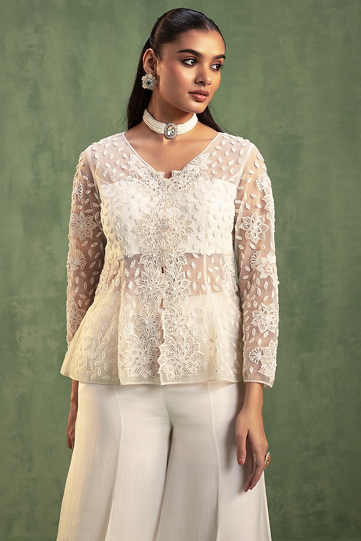 Cream Organza Hand Embroidered Party Wear Sharara Set by Keosha at Pernia's Pop Up Shop