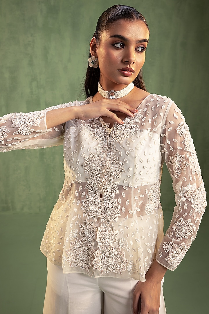 Cream Organza Hand Embroidered Party Wear Sharara Set by Keosha at Pernia's Pop Up Shop