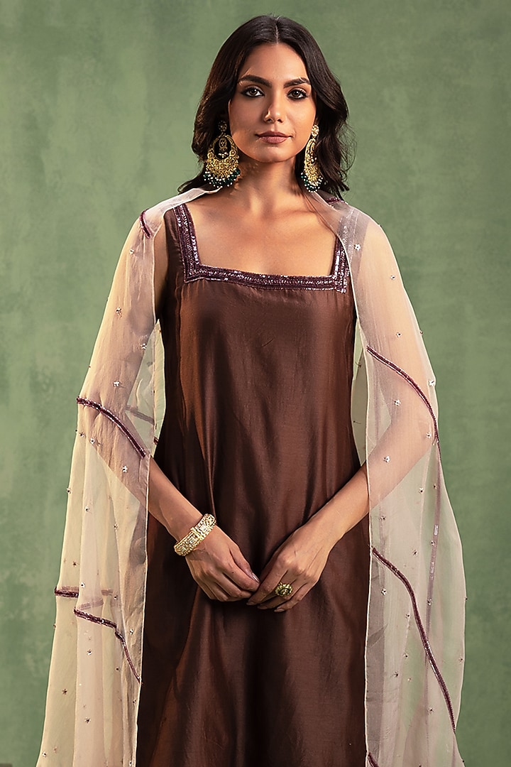 Brown Silk Chanderi Hand Embroidered Kurta Set by Keosha at Pernia's Pop Up Shop