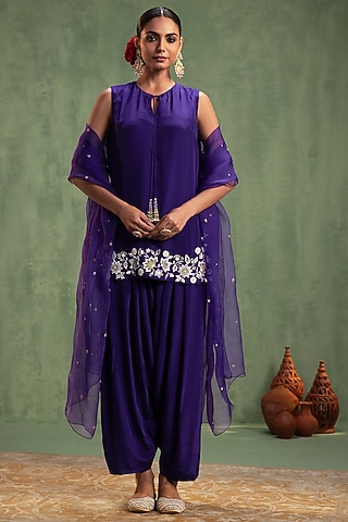 Purple Crepe Hand Embroidered Short Kurta Set by Keosha