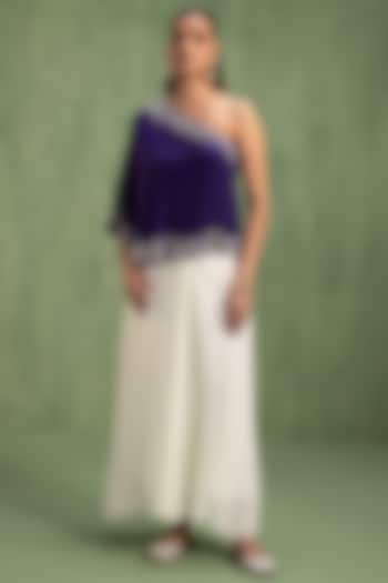 Cream Crepe Hand Embroidered Draped Skirt Set by Keosha at Pernia's Pop Up Shop