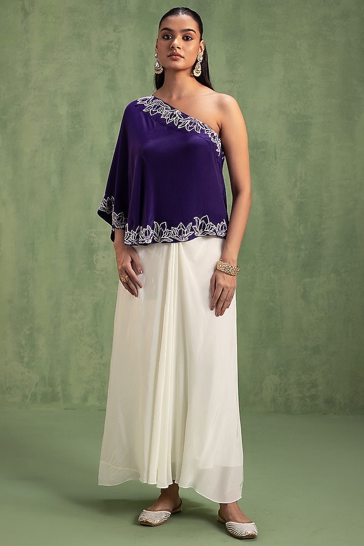 Cream Crepe Hand Embroidered Draped Skirt Set by Keosha at Pernia's Pop Up Shop