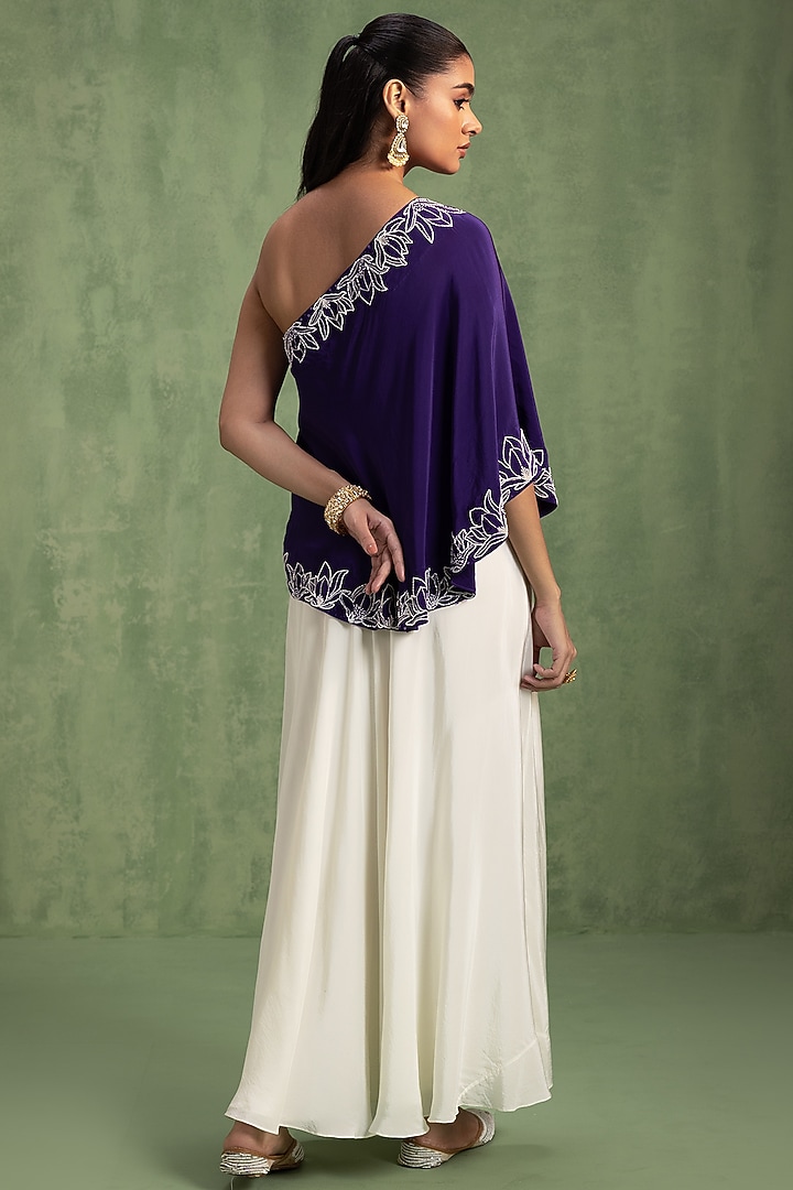 Cream Crepe Hand Embroidered Draped Skirt Set by Keosha at Pernia's Pop Up Shop