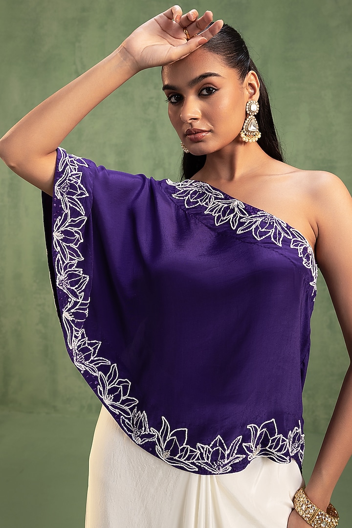 Cream Crepe Hand Embroidered Draped Skirt Set by Keosha at Pernia's Pop Up Shop