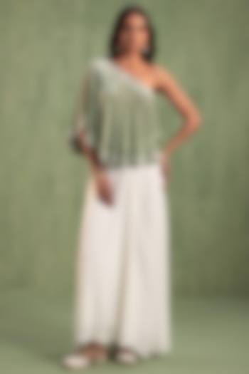 Cream Crepe Hand Embroidered Draped Skirt Set by Keosha at Pernia's Pop Up Shop
