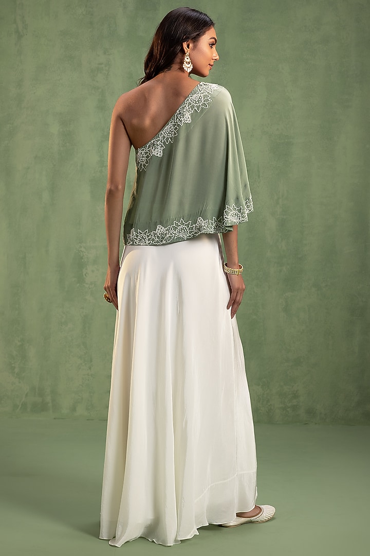 Cream Crepe Hand Embroidered Draped Skirt Set by Keosha at Pernia's Pop Up Shop