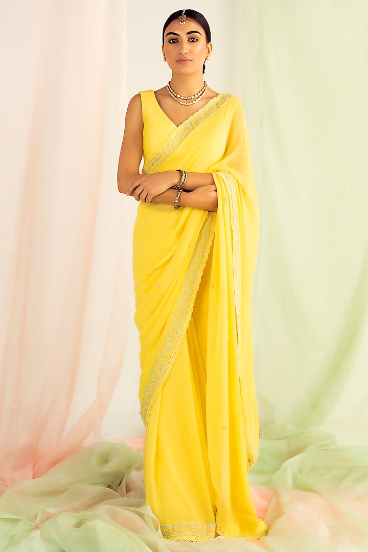 Yellow Viscose Georgette Dori Embroidered Saree Set by Keosha at Pernia's Pop Up Shop