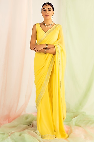 Yellow Viscose Georgette Dori Embroidered Saree Set by Keosha