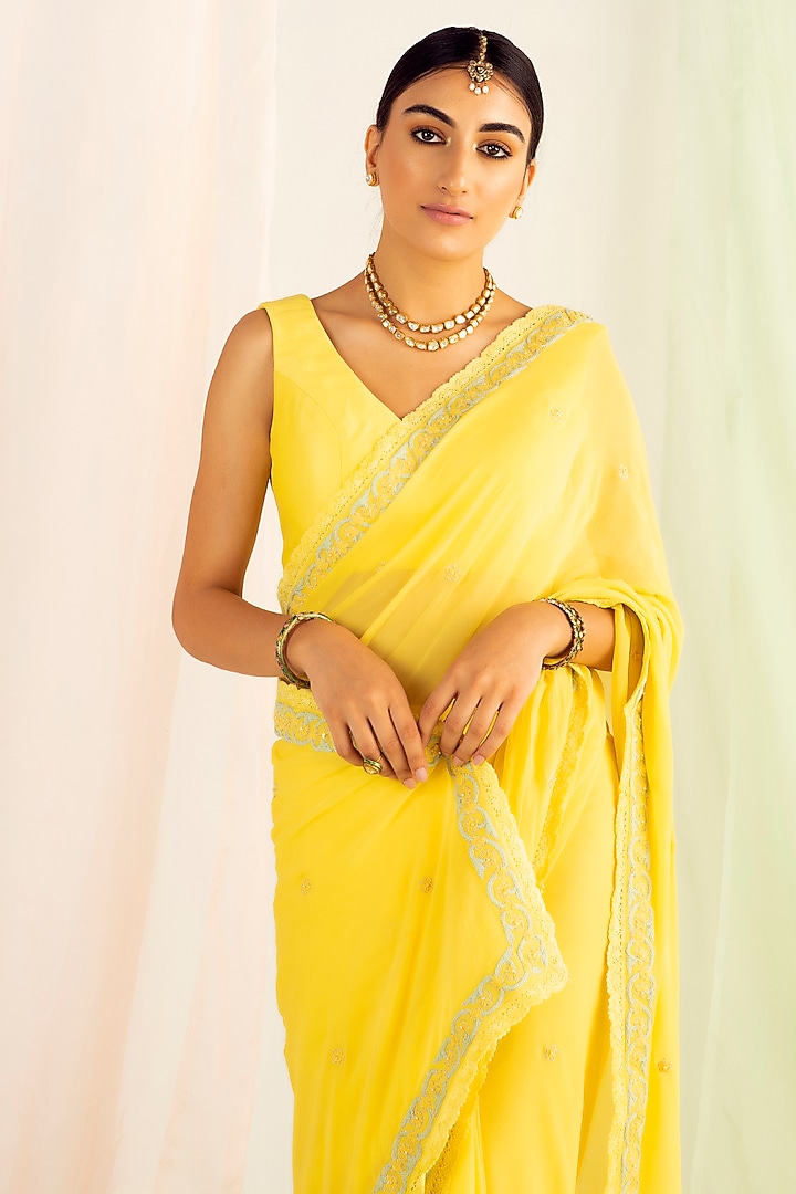 Yellow Viscose Georgette Dori Embroidered Party Wear Saree Set by Keosha at Pernia's Pop Up Shop