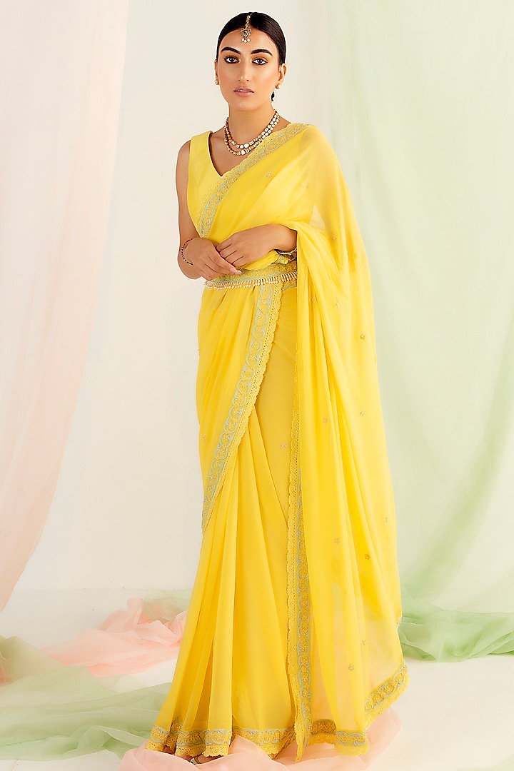 Yellow Viscose Georgette Dori Embroidered Saree by Keosha at Pernia's Pop Up Shop