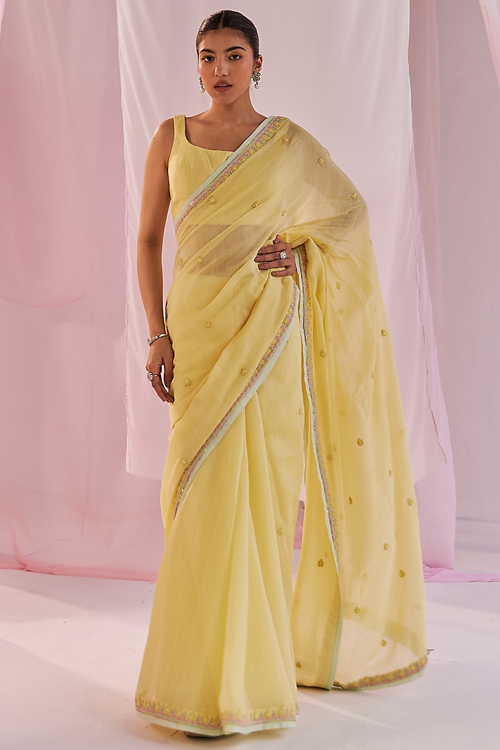 Yellow Silk Chanderi Sequins Embroidered Saree by Keosha at Pernia's Pop Up Shop