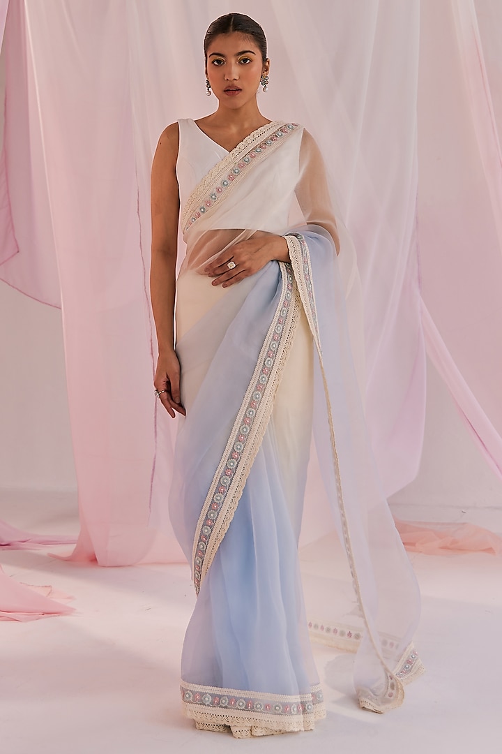 Ivory-Blue Ombre Silk Organza Sequins Embroidered Saree by Keosha at Pernia's Pop Up Shop