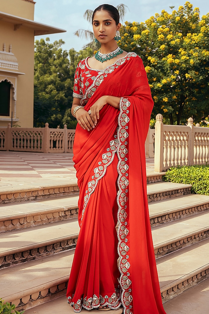 Red Georgette Resham Hand Embroidered Saree by Keosha at Pernia's Pop Up Shop