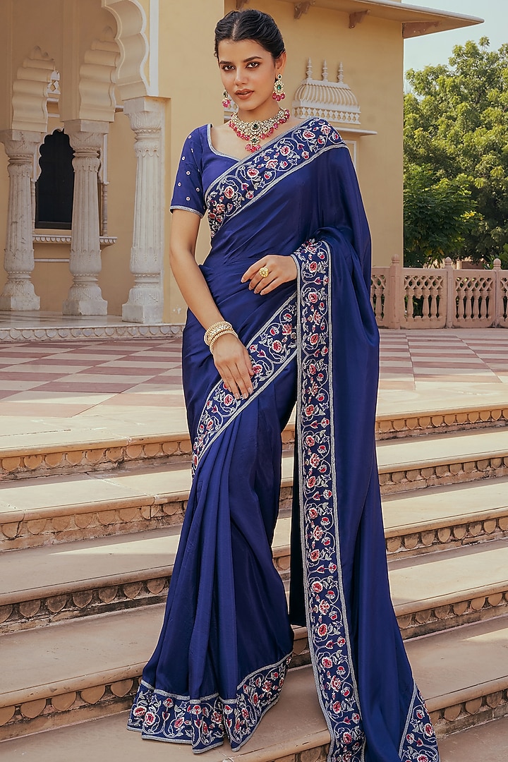 Blue Pure Silk Zari Hand Embroidered Saree by Keosha at Pernia's Pop Up Shop